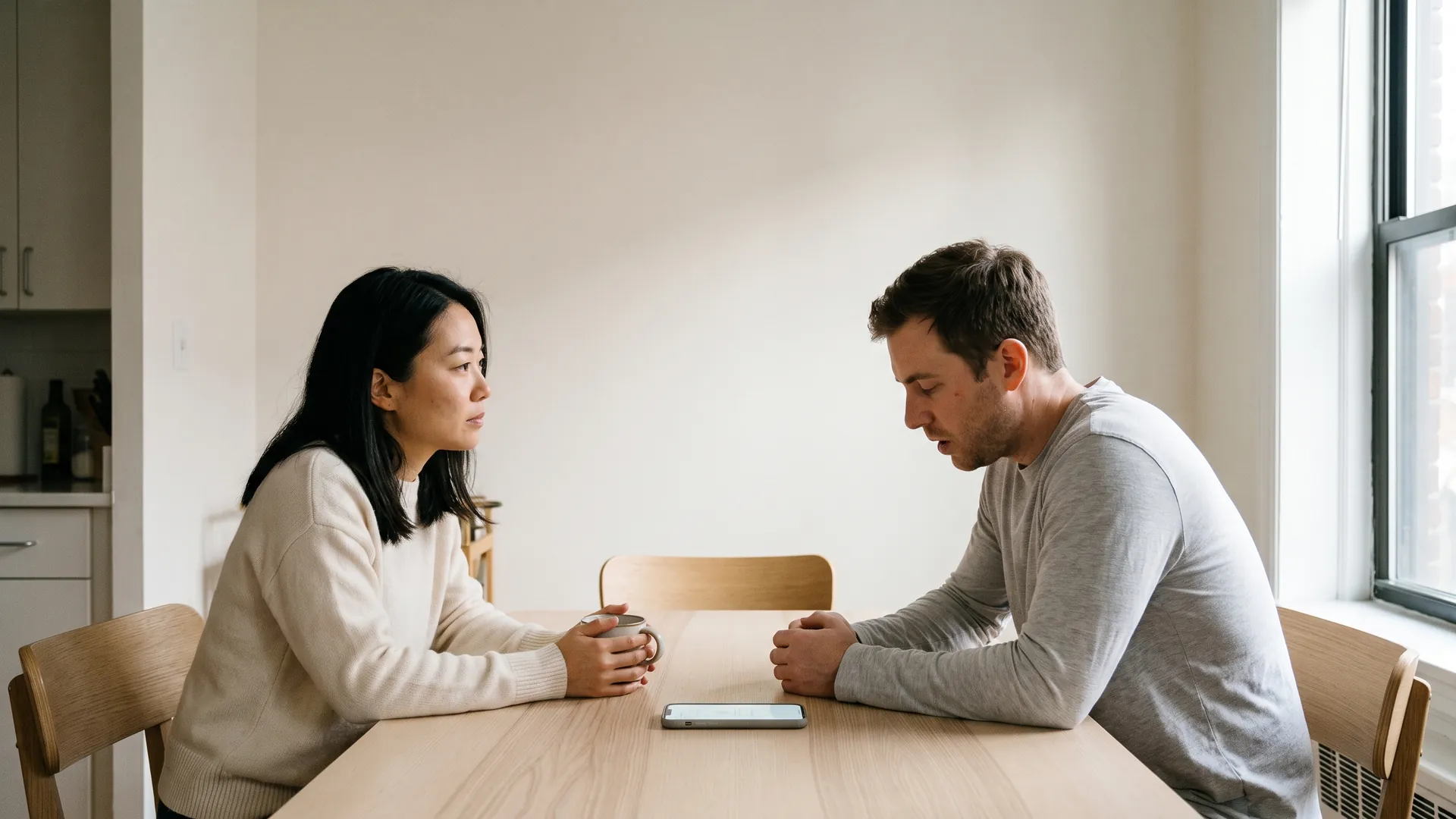 A couple at a kitchen table mid-conversation, one leaning in, the other quiet.