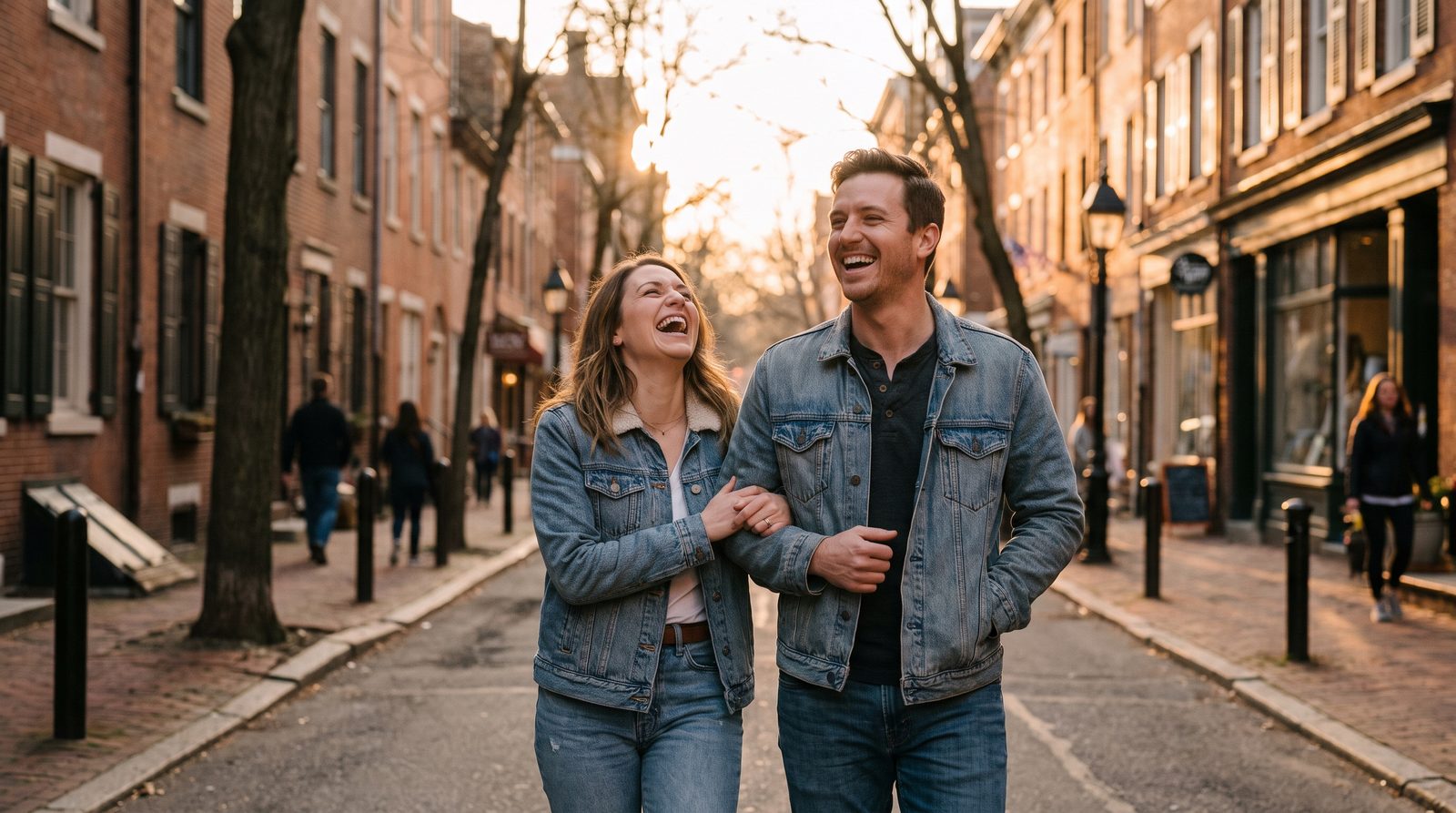Adult romantic attachment relationship, couple laughing together on a city street at sunset