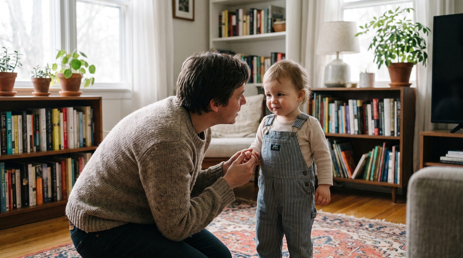 Disorganized attachment parent and child in a living room, cautious first meeting of eyes