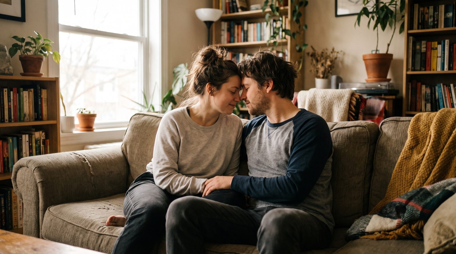 Attachment theory emotional connection couple resting foreheads together on a living room sofa