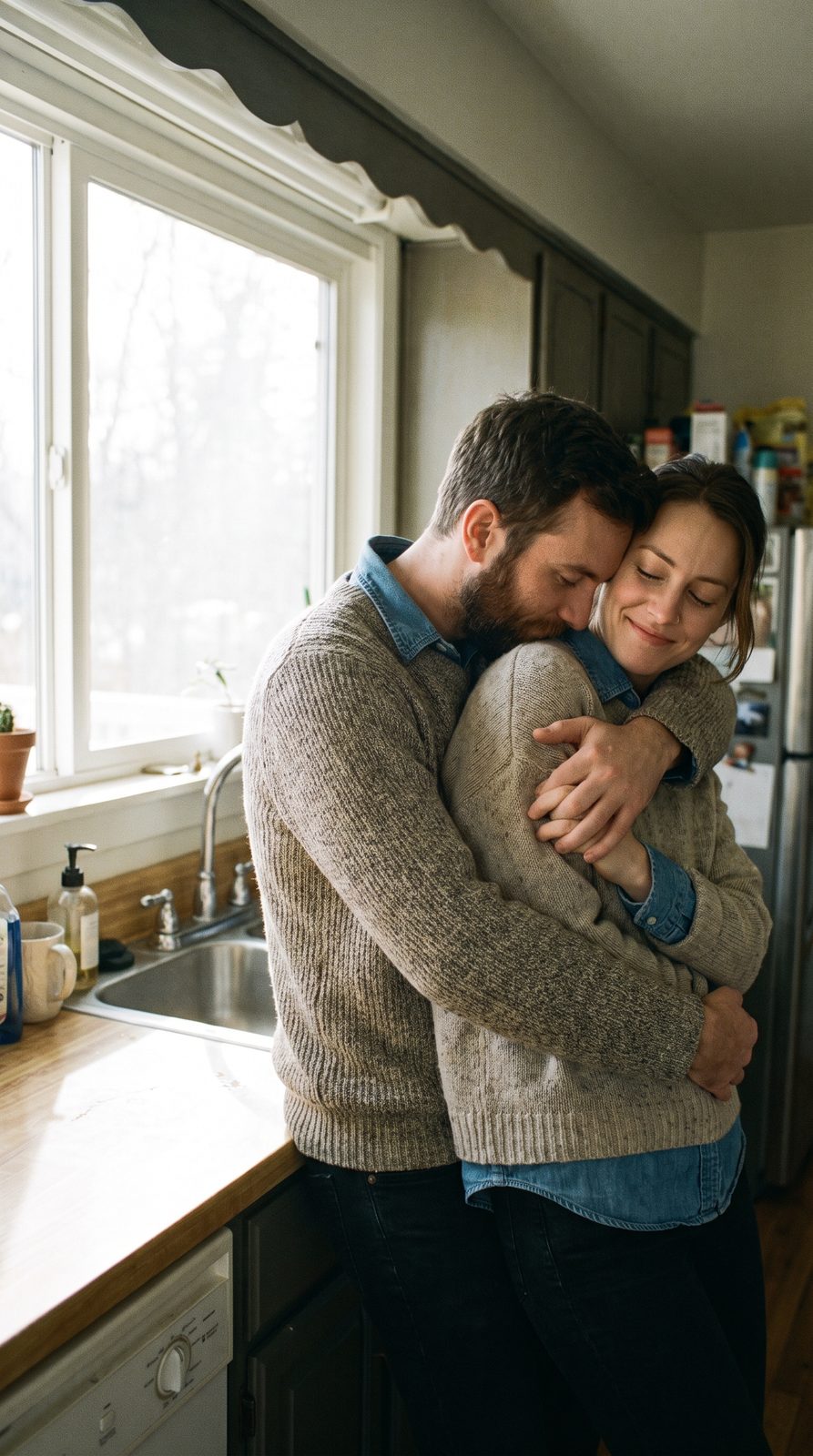 Secure attachment style couple sharing a warm hug in their kitchen