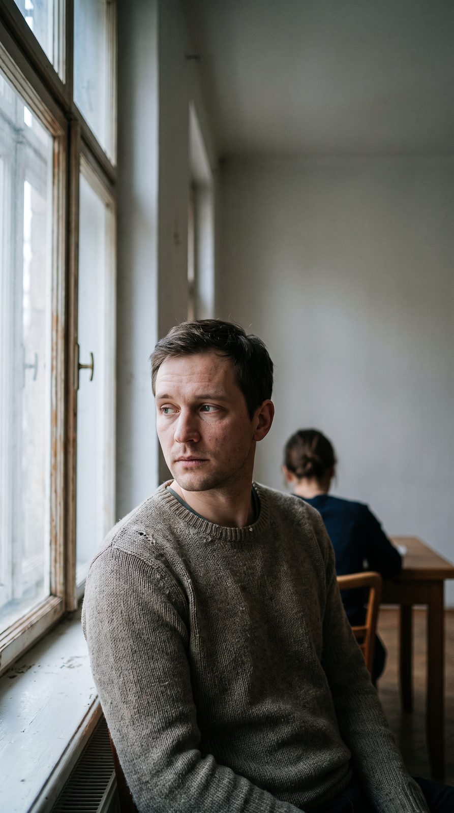 Avoidant attachment style man valuing independence by the window