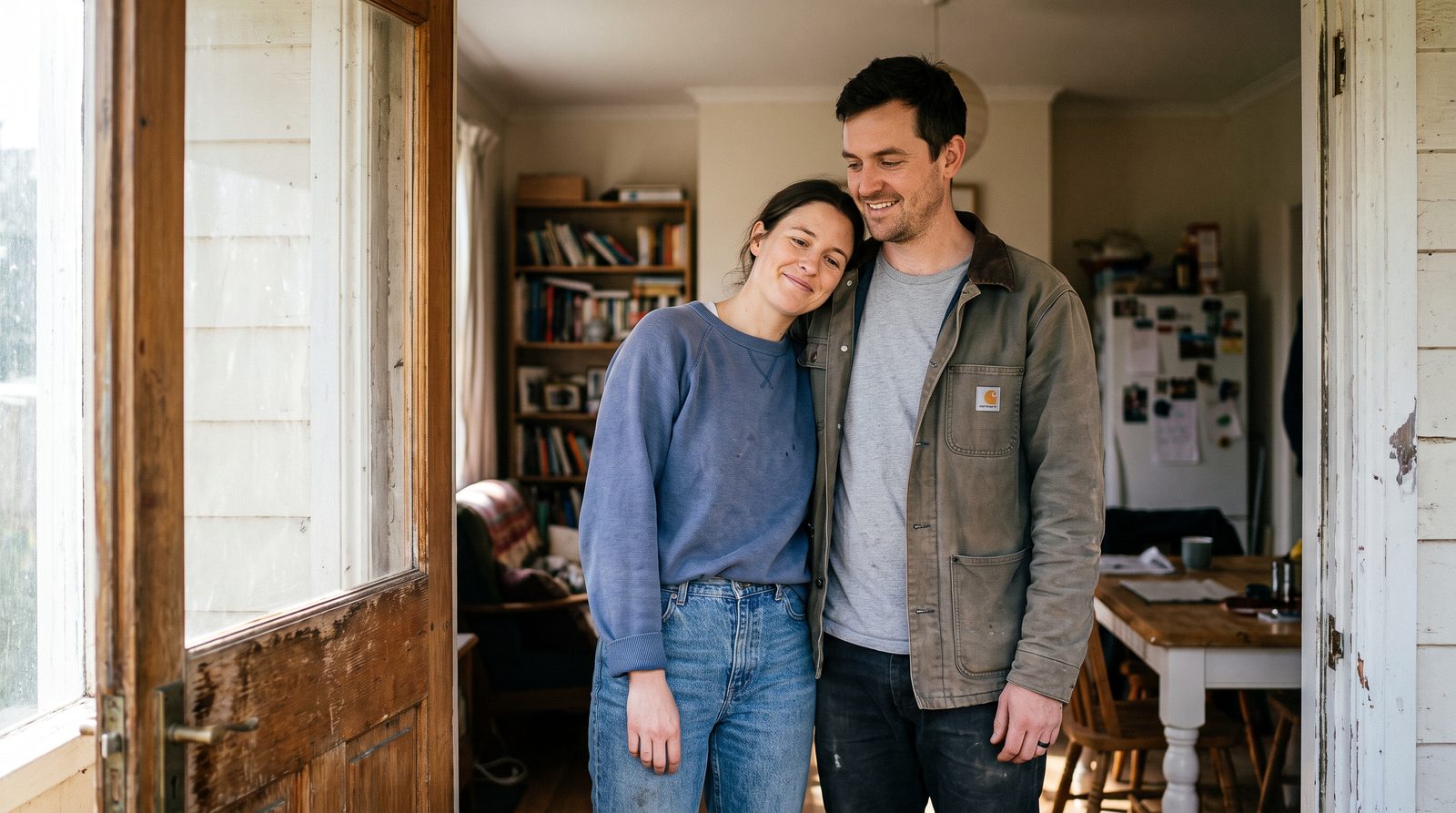 Four attachment styles couple standing warmly together in a sunlit doorway