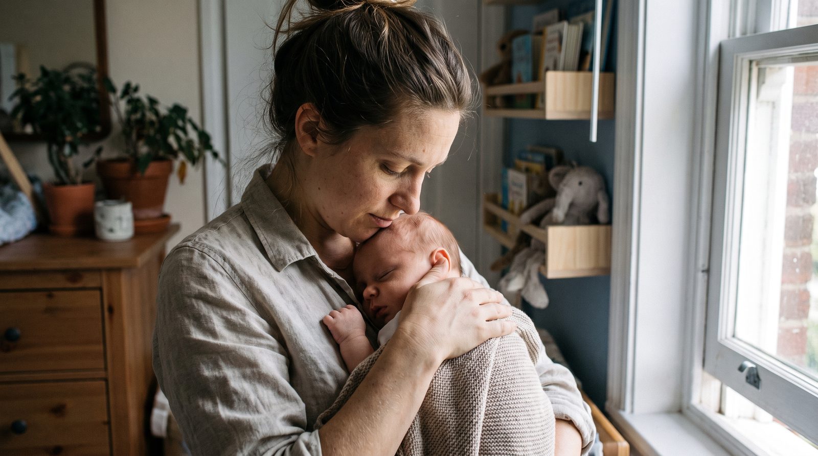 Mother infant secure attachment bond, mother kissing newborn by a window