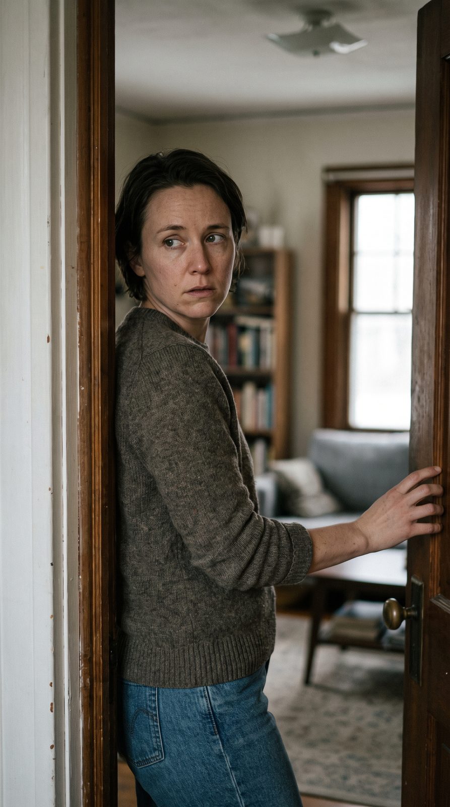 Fearful avoidant attachment style woman hesitating in a doorway
