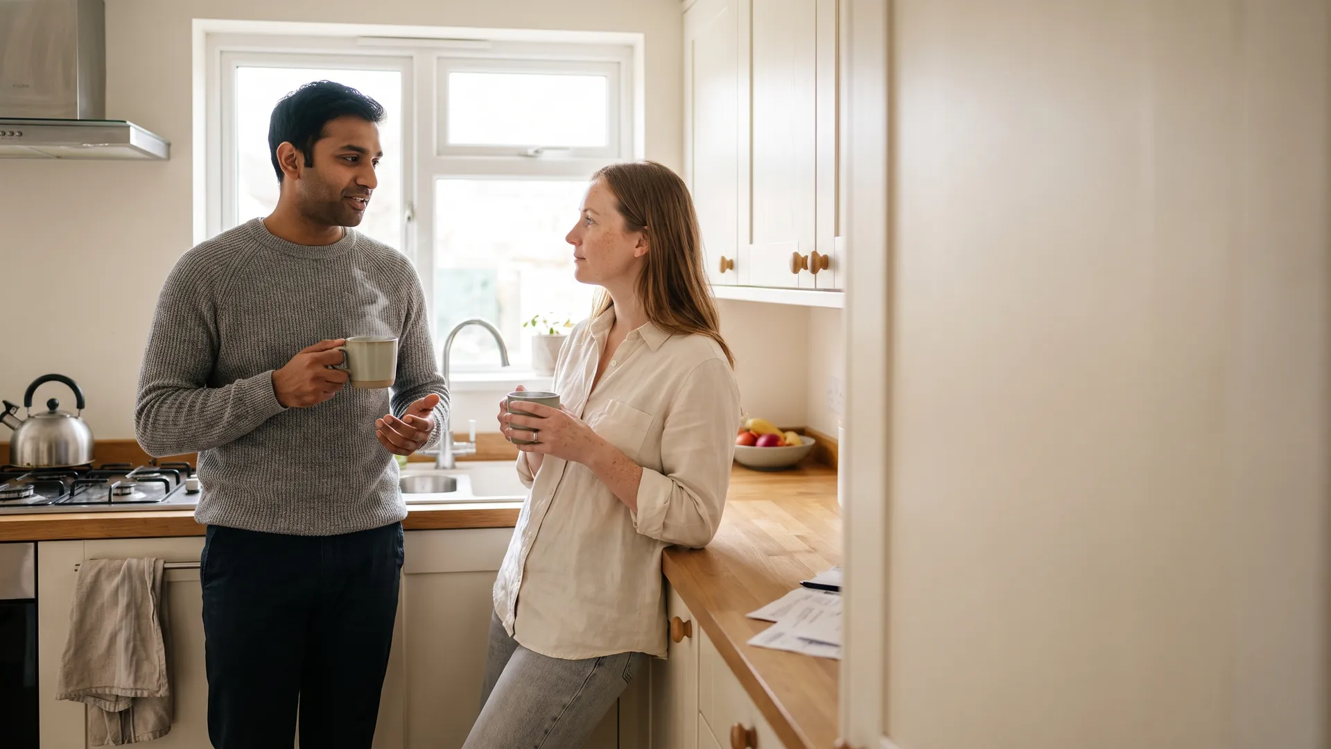 A couple standing together in a warmly lit kitchen at the end of the day.
