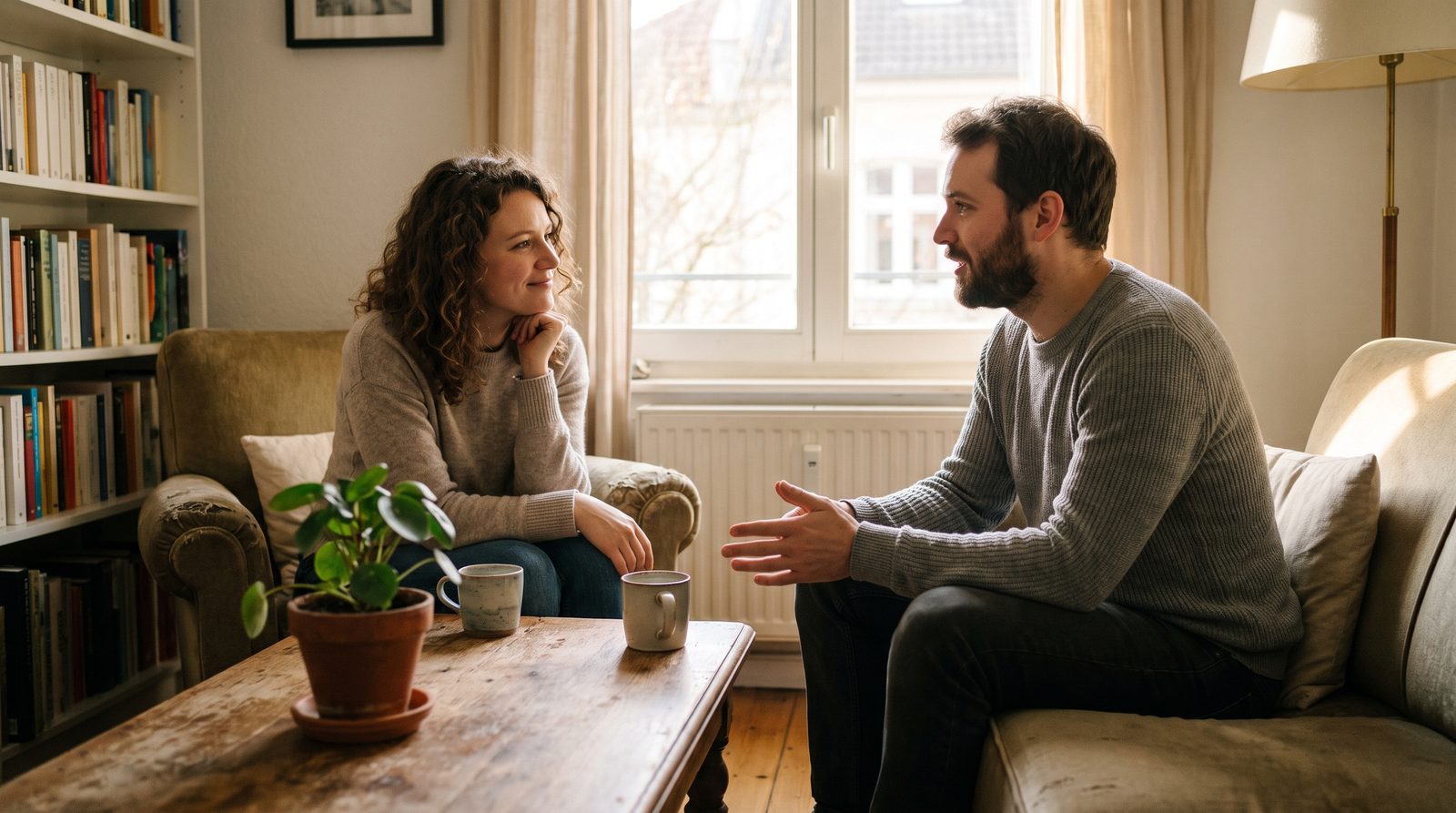 Earned secure attachment growth, couple in an open, honest conversation over coffee