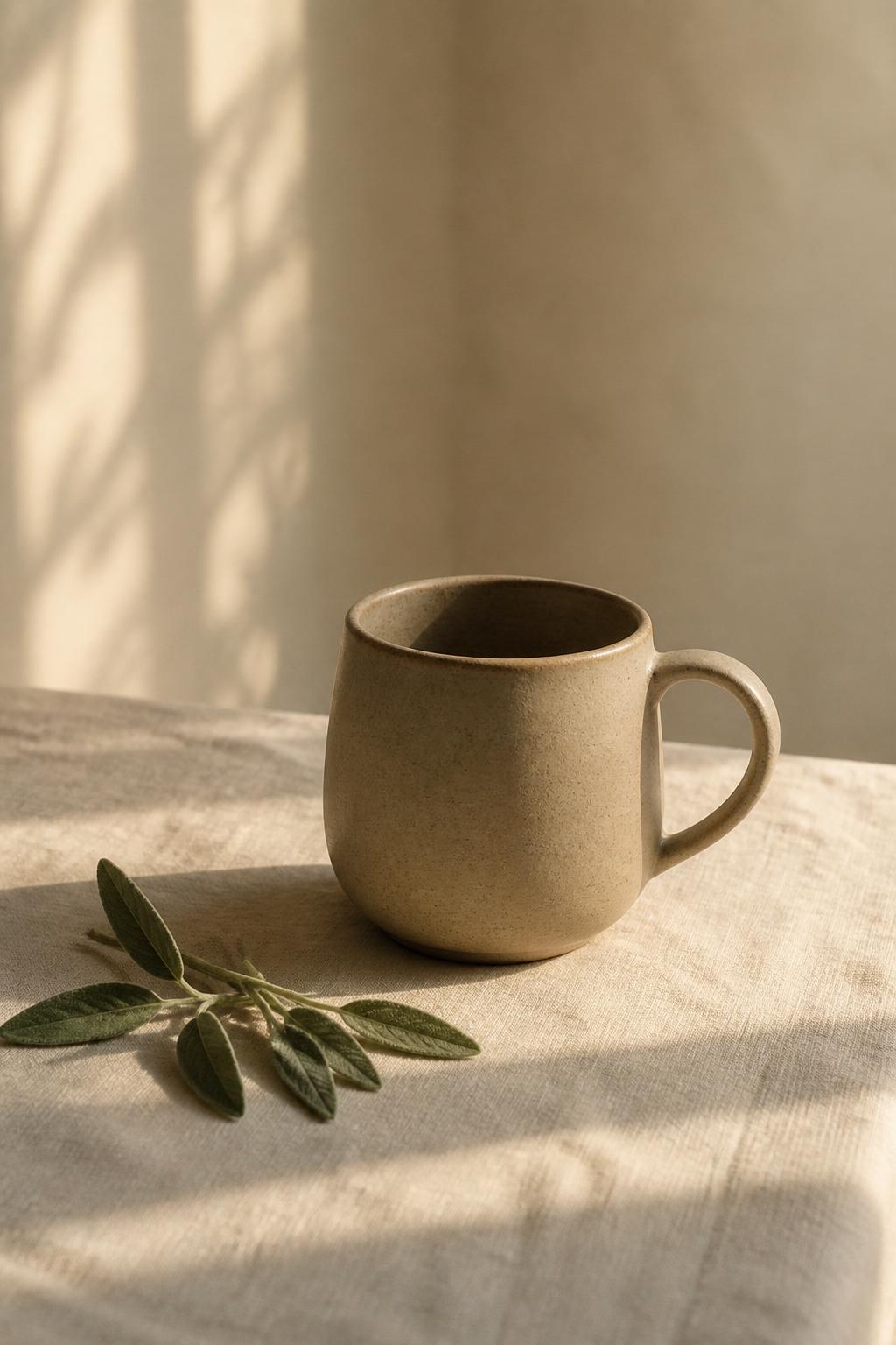 A ceramic mug and sage on warm linen